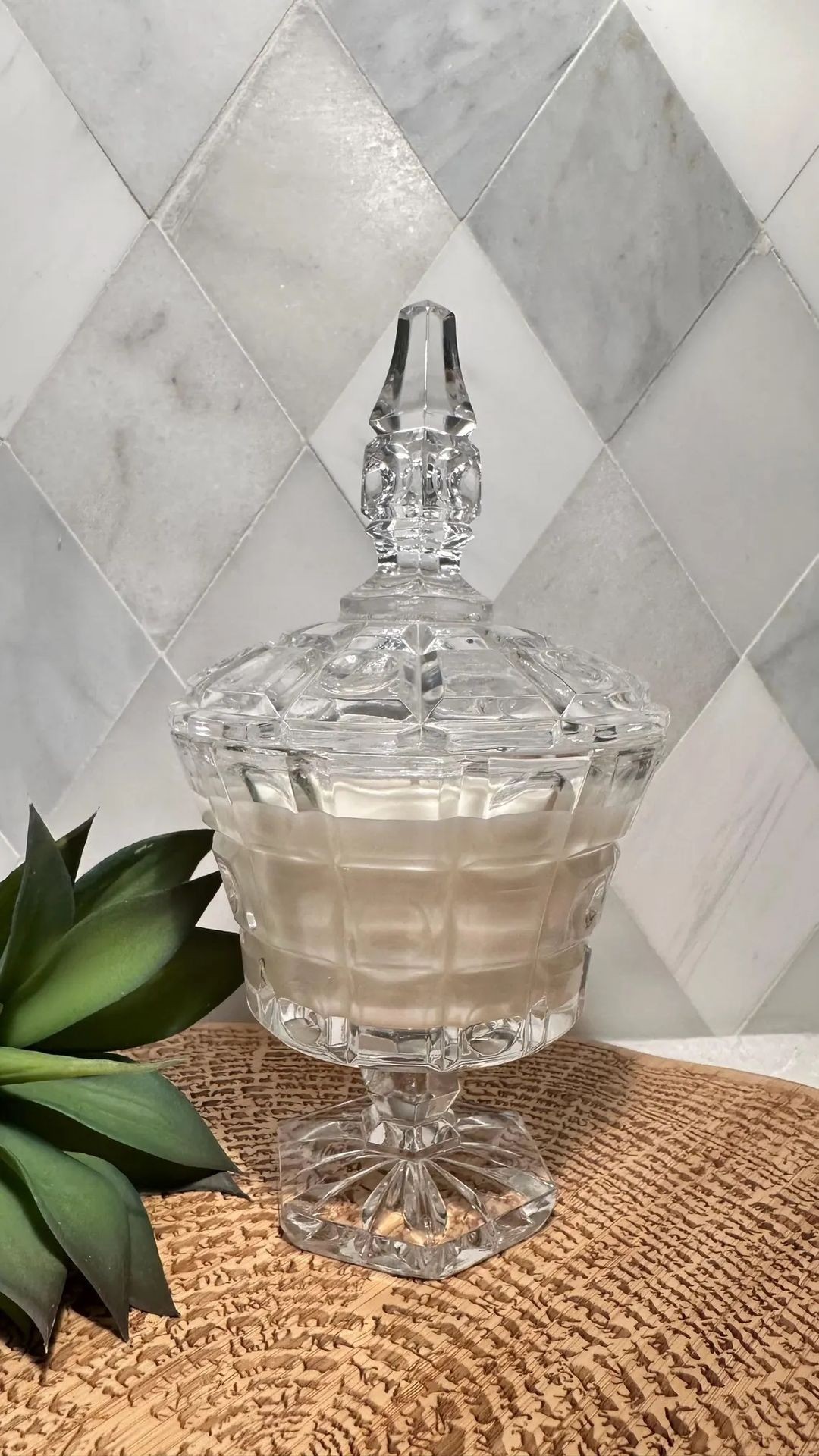 Vintage | Footed Cut Crystal Covered Candy Dish | Checkered Pattern | "Grapefruit Palo Santos" | Hand-poured in the USA by 3 Treasured Bees