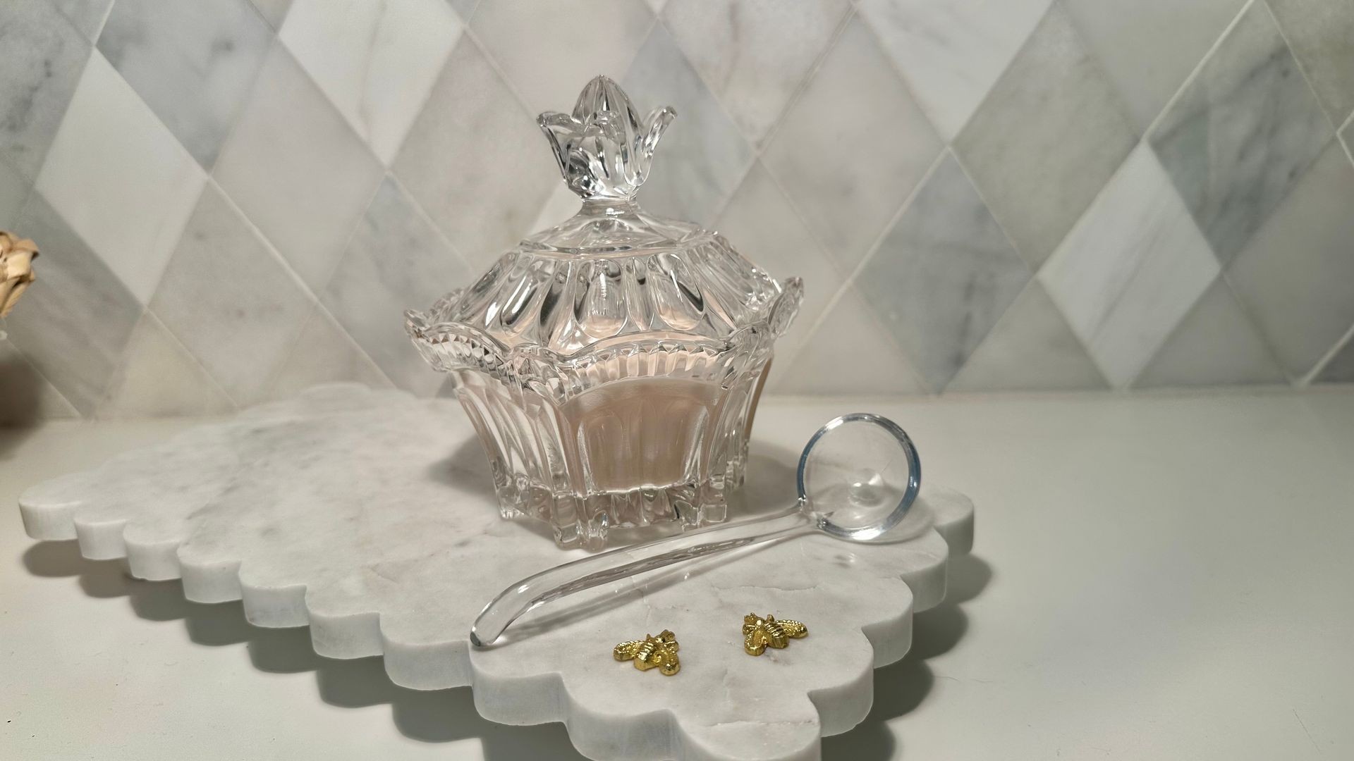 Crystal Footed Dish w/ Lid and Crystal Spoon