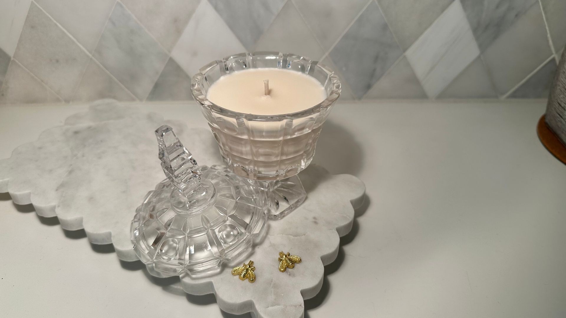Vintage | Footed Cut Crystal Covered Candy Dish | Checkered Pattern | "Grapefruit Palo Santos" | Hand-poured in the USA by 3 Treasured Bees