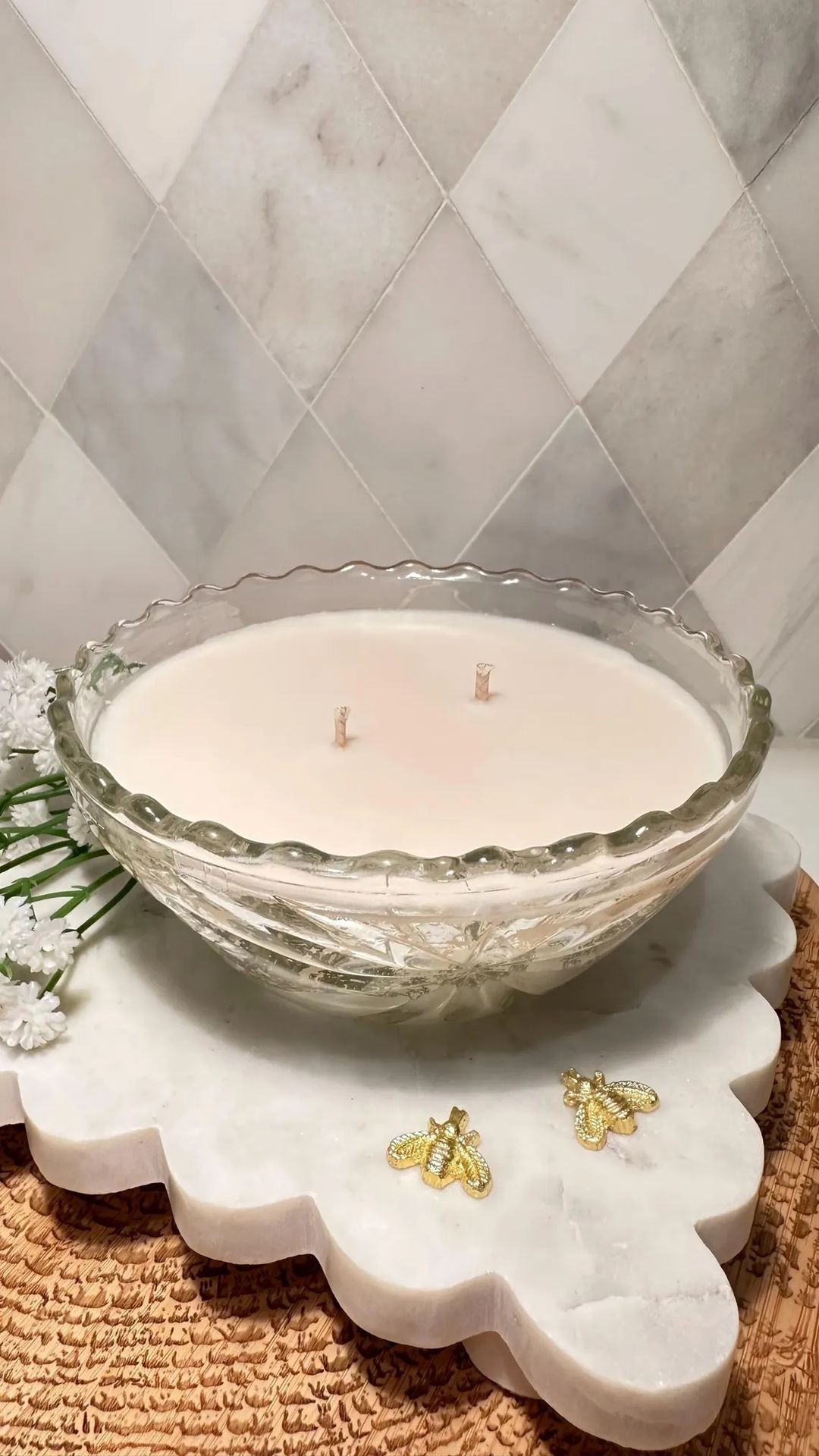 Vintage | Scallop Edged Glass Bowl with Starburst Facets | Vanilla Coca & Sugar | Handpoured in the USA by 3 Treasured Bees