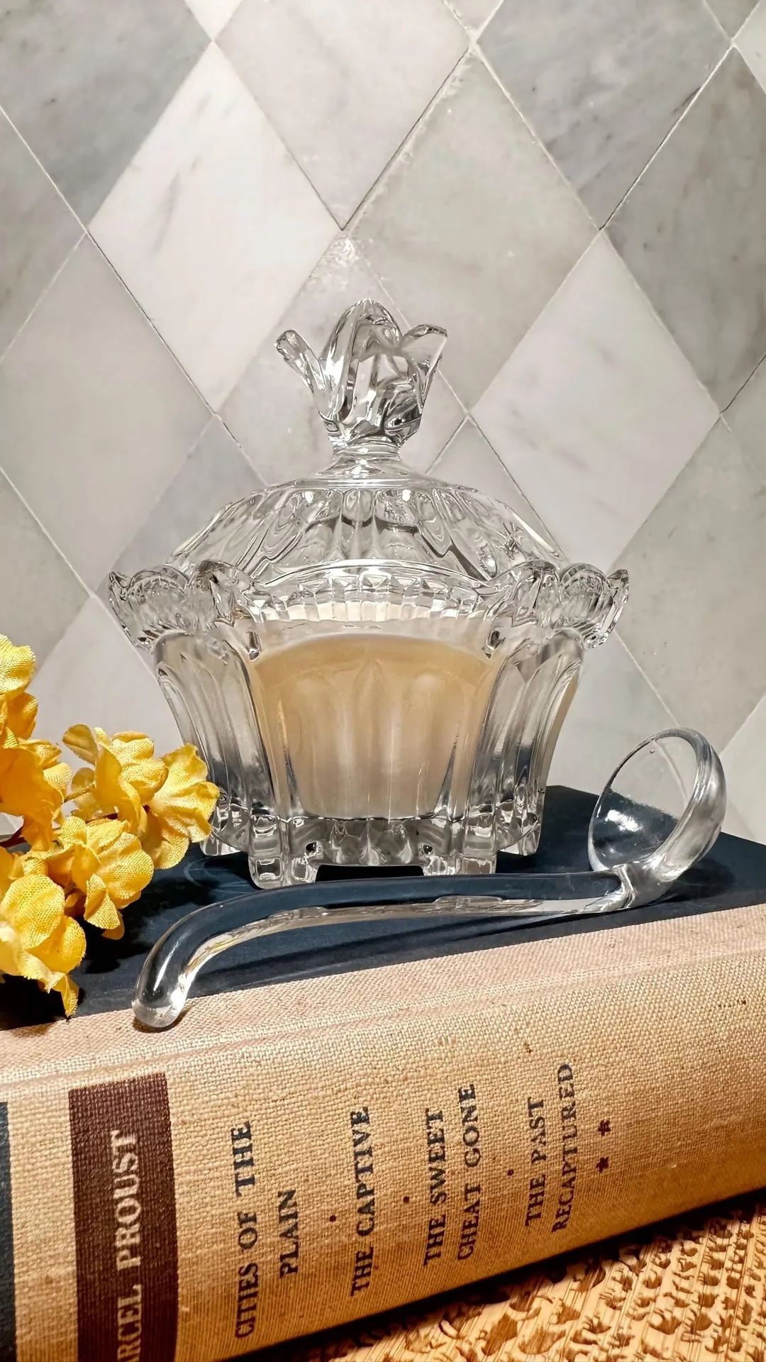 Vintage | Faceted Glass | Crystal Footed Dish with Lid and Crystal Spoon | Vanilla Coco & Sugar | Handpoured in the USA by 3 Treasured Bees