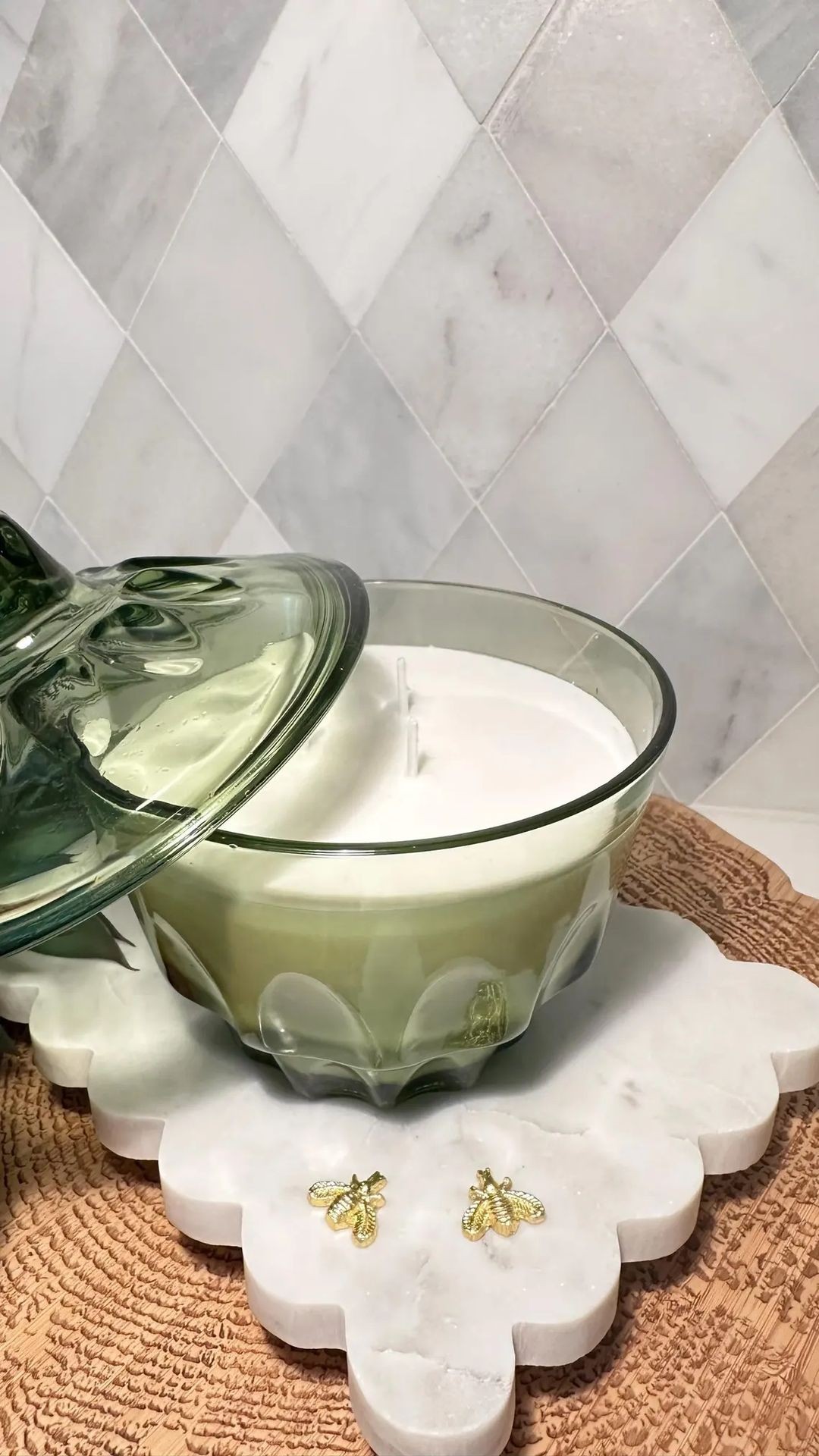Vintage | Anchor Hocking Wexford | Footed Glass Candy Dish with Lid | "Grapefruit Palo Santo" | Handpoured in the USA by 3 Treasured Bees