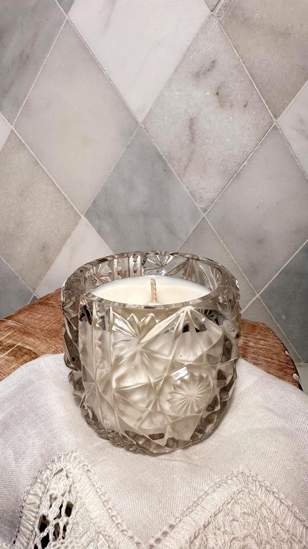 Vintage | American Brilliant Cut Glass Crystal 4" Votive | scented with "White Prosecco" | Handpoured in the USA by 3 Treasured Bees.