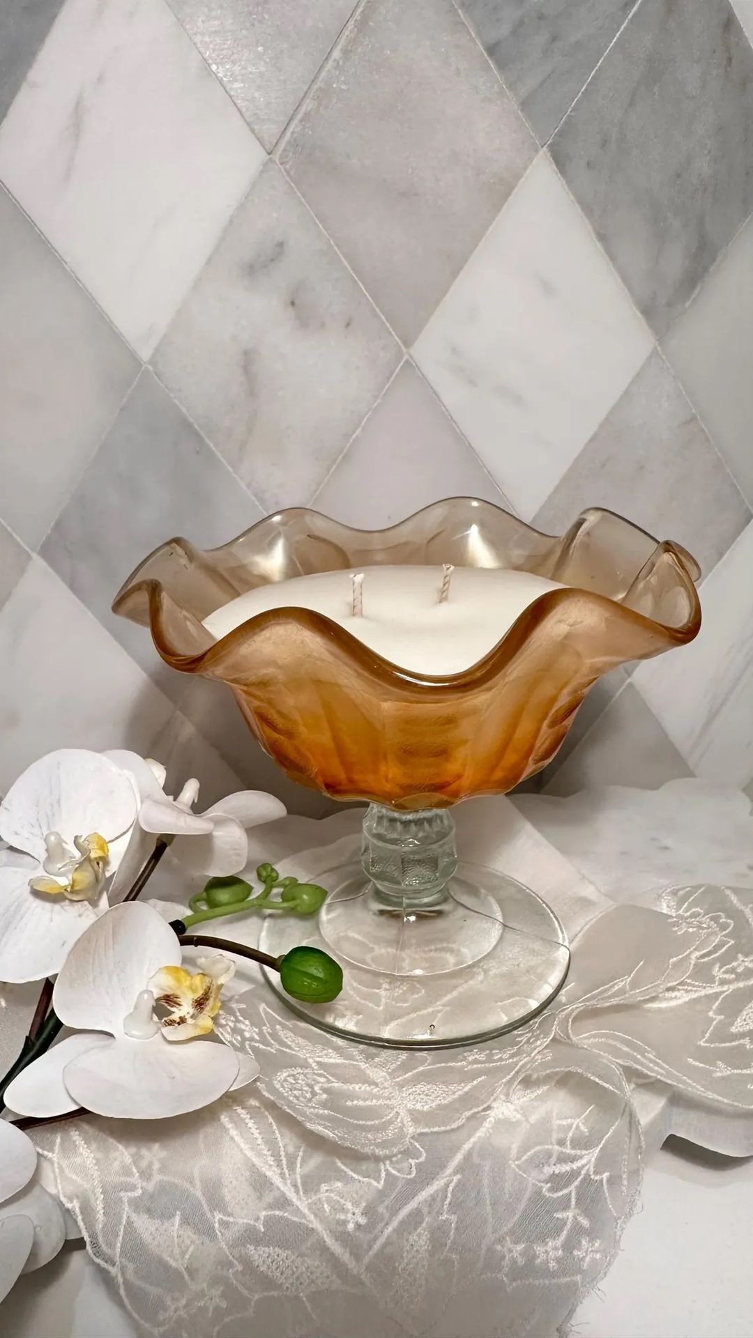 Crimped, Ruffled Edge Carnival Glass Compote
