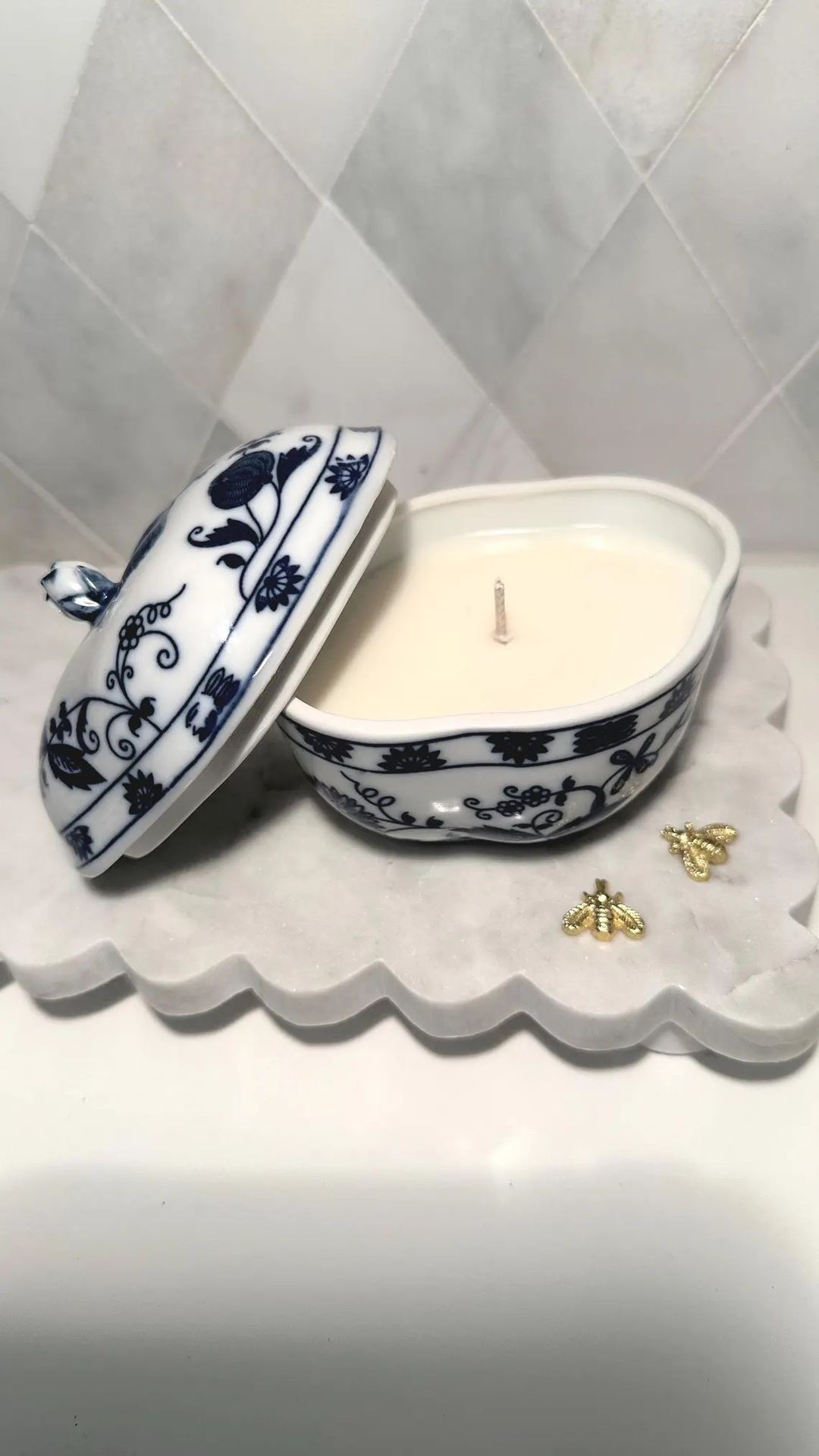 Vintage | Meissen Diamond Shaped Lidded Sugar Bowl | Fine China Austria | "White Prosecco" | Handpoured in the USA by 3 Treasured Bees.