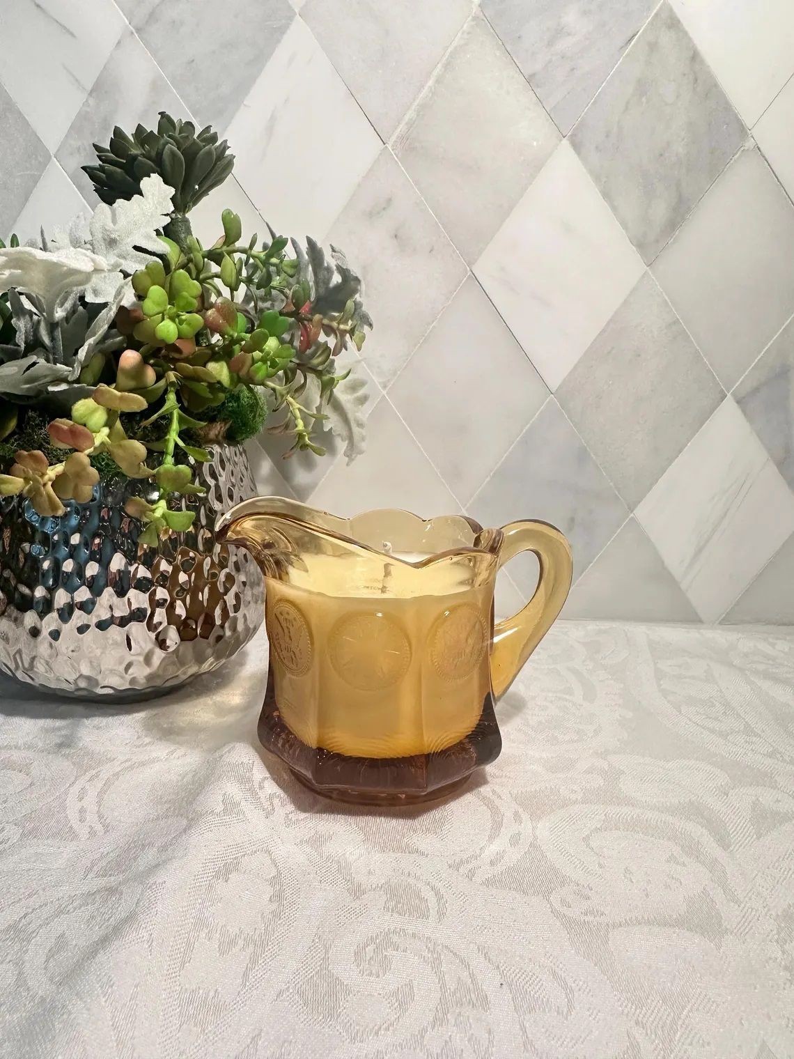 Vintage | Fostoria | Amber Coin Glass Creamer | Eagle and a Torch | Starburst on the bottom | 3"H | Hanpoured in the USA by 3 Treasured Bees