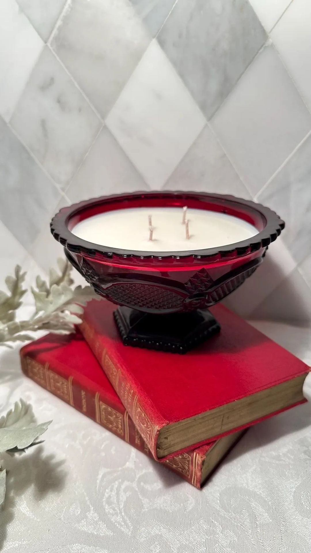 Vintage | Cape Cod Ruby Red Pedestal Bowl | Scalloped Edge with Diamond Pattern | 3.25" Tall | Handpoured in the USA by 3 Treasured Bees